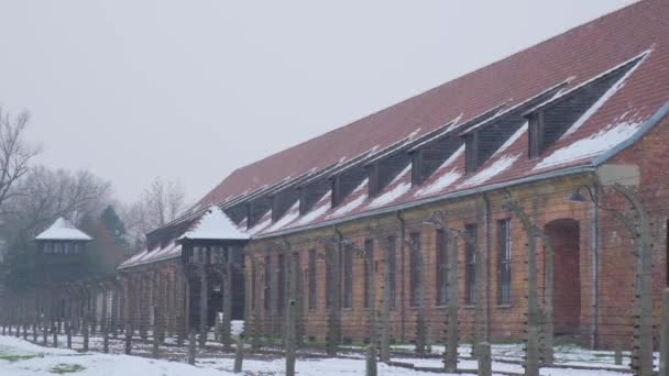 Auschwitz Toplama Kampı Kışın Inşa Ediliyor Polonya Toplama Kampında Kar — Stok video