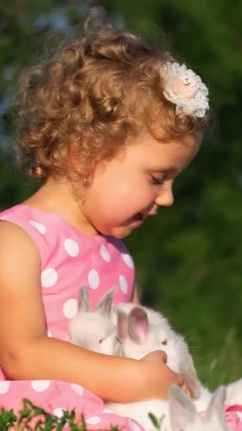 Happy Toddler Wearing Pink Dress Smile Holding White Rabbit Surrounded — Stock Video