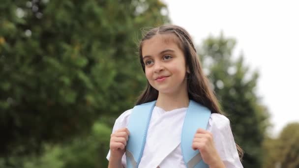 Счастливая Маленькая Девочка Синем Жилете Рюкзаке Улыбается Неторопливо Путешествует Травой — стоковое видео