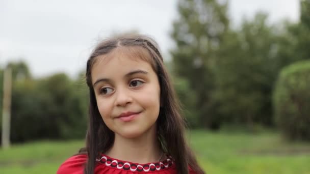 Szczęśliwa Dziewczynka Czerwonej Sukience Stoi Trawiastym Polu Uśmiechając Się Kamery — Wideo stockowe