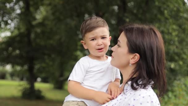 Šťastná Žena Držící Malého Chlapce Náručí Užívající Volného Času Parku — Stock video
