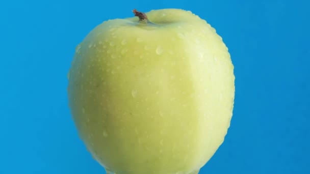 シードレスの果実である黄色いリンゴは 水滴で飾られています それは 自然で活気のあるシーンを描いた青い背景に基づいています — ストック動画