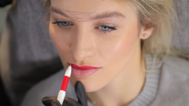 Uma Esteticista Feminina Com Luvas Pretas Faz Maquiagem Permanente Nos — Vídeo de Stock