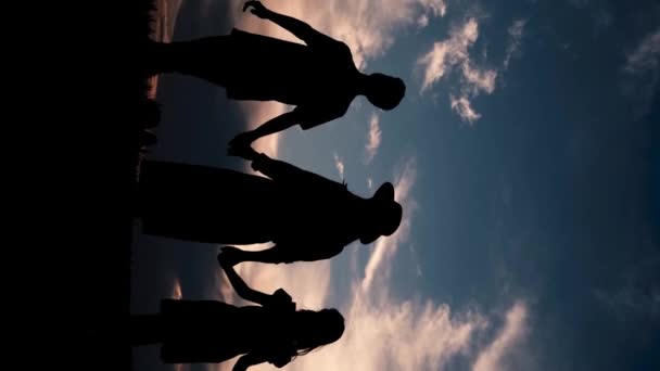 Μια Σιλουέτα Μιας Οικογένειας Που Κρατιέται Χέρι Χέρι Ηλιοβασίλεμα Απέναντι — Αρχείο Βίντεο