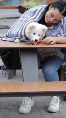 Köpeği olan bir kadın masada oturuyor, kucağında köpek yavrusunu okşuyor..