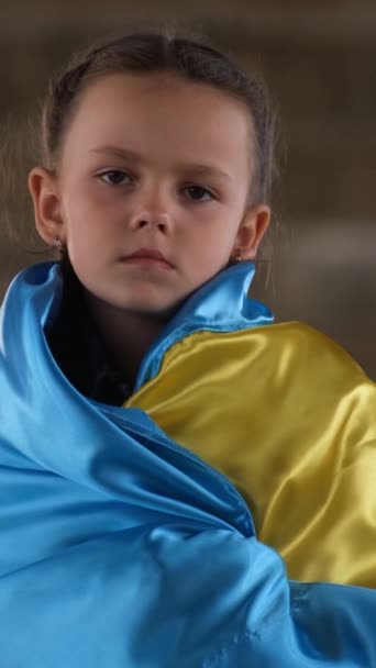 Het Jonge Meisje Versierd Met Een Vlag Met Blauwe Gele — Stockvideo