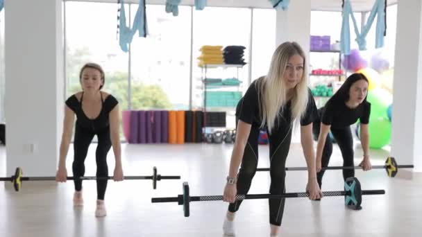 Trzy Kobiety Odzieży Sportowej Podnoszą Sztangę Wzmacniając Ramiona Nogi Zabawnej — Wideo stockowe