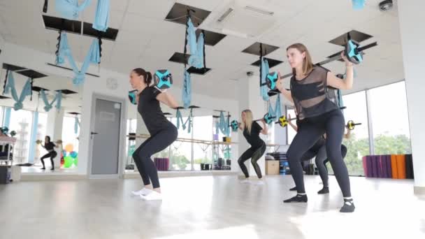 Skupina Žen Zapojují Dynamického Squatting Cvičení Činkami Jako Součást Jejich — Stock video