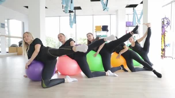 Spor Kıyafetleri Giymiş Bir Grup Kadın Spor Salonunda Bacaklarını Dizlerini — Stok video