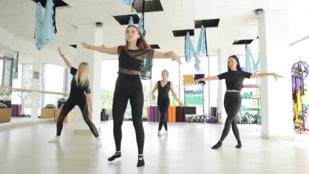 Een Groep Vrouwen Een Actieve Broek Beoefenen Sierlijk Luchtyoga Tonen — Stockvideo