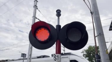 Bir direğin üzerindeki mavi bir trafik ışığının yakın çekimi, sinyal cihazı, gökyüzünün arka planına ve bir ağaca karşı..