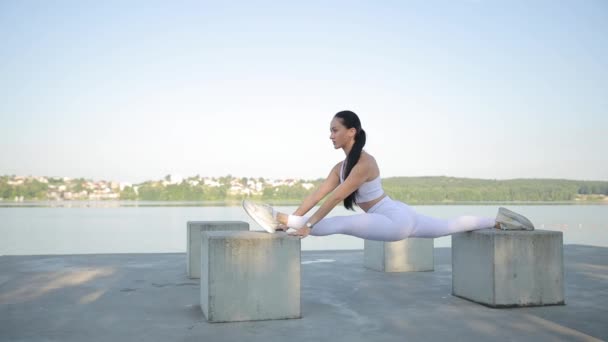 一个年轻的 柔韧的女人 在户外用大石头劈开 湖畔的室外健身 — 图库视频影像