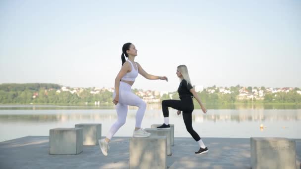 Fitness Spolu Dvě Ženy Cvičí Břehu Jezera Velkých Kamenech Teplého — Stock video
