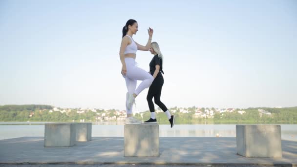 Fitness Együtt Két Fitneszezik Partján Nagy Köveken Egy Meleg Napos — Stock videók