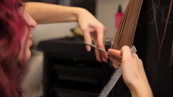 Kuaförde Saçını Kuaföre Kestiren Bir Kadının Yakın Çekimi Çekici Genç — Stok video
