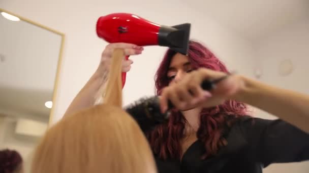 Woman Blow Drying Another Womans Long Hair Salon While Client — Stock Video