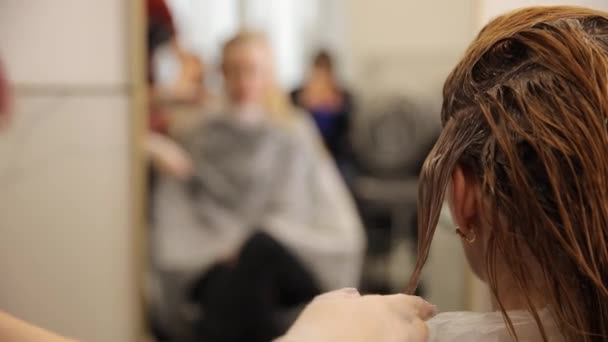 Zbliżenie Kobiet Fryzjerów Ręce Farbowanie Włosów Salonie Piękności Profesjonalne Produkty — Wideo stockowe