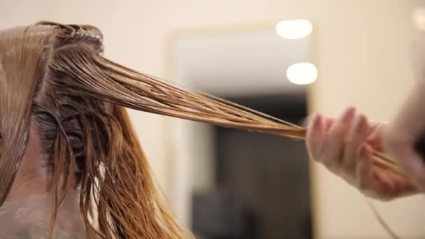 Fryzjer Grzebie Świeżo Farbowane Włosy Proces Umierania Włosów Ręce Kosmetyczki — Wideo stockowe