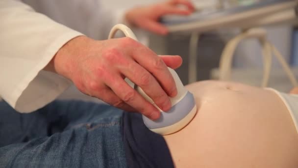 現代の超音波装置を使用して 妊娠中の女性の腹部をスクリーニングする医師のクローズアップ 医師の診察 健康診断で若い魅力的な妊婦 — ストック動画