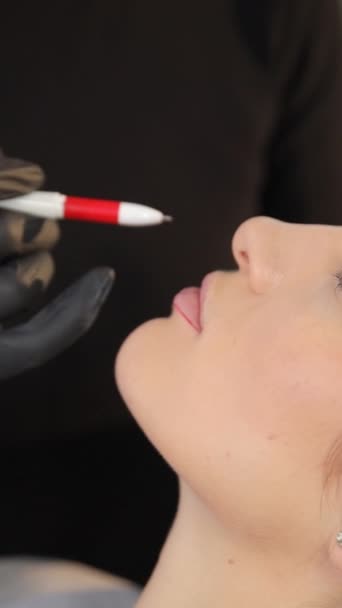 Makijażysta Maluje Usta Kobiety Zwiększając Jej Piękno Delikatnym Dotykiem Ustach — Wideo stockowe