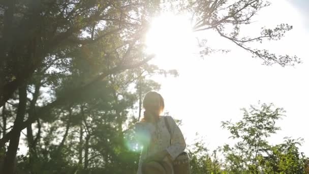 Una Mujer Está Paseando Por Bosque Rodeada Por Cálido Resplandor — Vídeo de stock