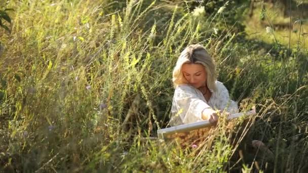 Жінка Відпочиває Трав Яному Полі Книгою Руці Насолоджуючись Природним Ландшафтом — стокове відео