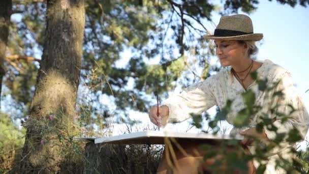 Uma Mulher Usando Chapéu Sol Está Criando Uma Pintura Uma — Vídeo de Stock
