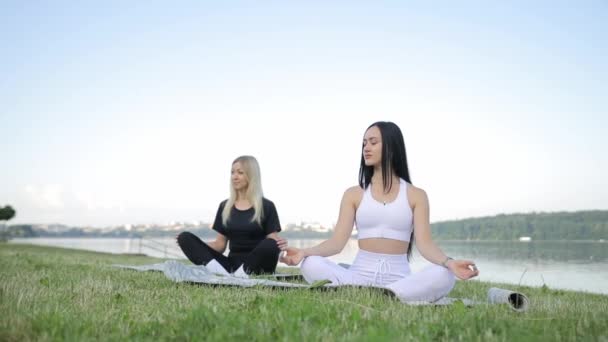 Duas Mulheres Jovens Praticam Ioga Enquanto Sentam Tapete Junto Lago — Vídeo de Stock