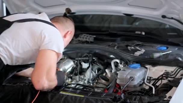 Homem Está Reparando Motor Veículo Sob Capô Carro Luxo Pessoal — Vídeo de Stock