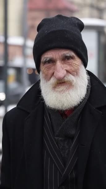 Крупный План Портрета Пожилого Человека Густой Седой Бородой Смотрящего Камеру — стоковое видео