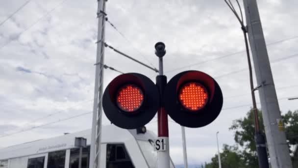 红绿灯 的信号装置装在一根杆子上 作为汽车照明的公用设施 — 图库视频影像