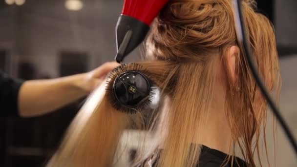 Zbliżenie Suszarki Włosów Fryzjer Koncepcyjny Stylistka Kobieta Fryzjer Cios Suszenie — Wideo stockowe