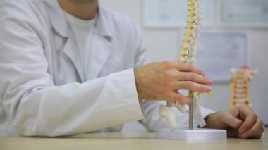 Bir doktor omurga modelini bir masada tutmak için bir jest yapıyor, omurilik mühendisliği bilimini sergiliyor..