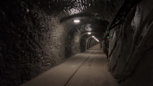 Здание Стоит Конце Тёмного Туннеля Поверхность Дороги Исчезает Тьме Арка — стоковое видео