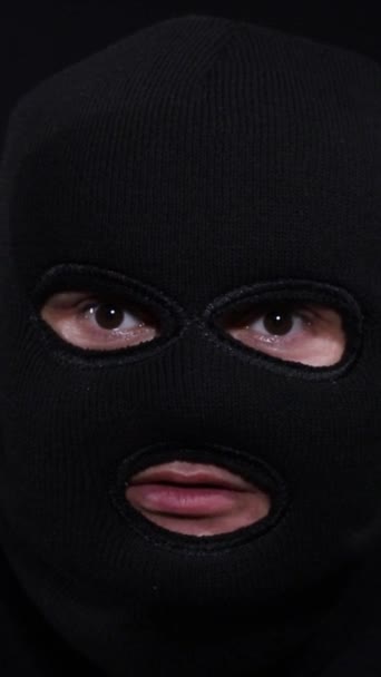 Detailed Close Person Wearing Black Ski Mask Visible Eyelashes Jawline — Stock Video