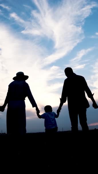 在蓝色的天空中 一个家庭的轮廓被巧妙地交织在一起的幸福景象 展现了在大自然中的一种团结的姿态 — 图库视频影像