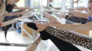 Bir grup kadın, spor salonundaki bir barda baleden esinlenerek egzersiz yapıyor, kalçalarını zarifçe hareket ettiriyor ve zarif bir şekilde el kol hareketi yapıyor..