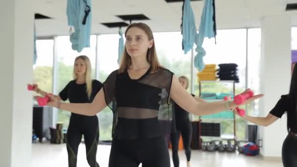 Spor Salonundaki Bir Grup Kadın Dambıllarla Egzersiz Yapıyor Eklem Omuz — Stok video