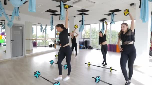 一群妇女正在体育馆内进行锻炼 她们使用体育器材 并在硬木地板上保持平衡 — 图库视频影像