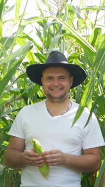 Güneş şapkası ve kovboy şapkası takan mutlu bir adam tarlada mısır koçanı tutarken gülümsüyor. Çimenlerin ve karasal bitkilerin arasında neşeyle el kol gezer.