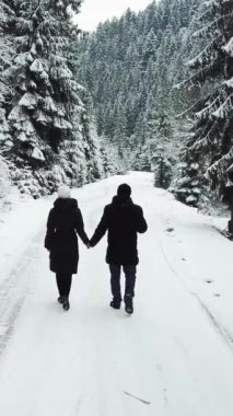 Bir çift, ağaçlar ve yumuşak bir yamaçla çevrili karla kaplı bir patika boyunca el ele yürüyorlar. Dondurucu hava, yolculuklarının sakin kış tatiline katkı sağlar.