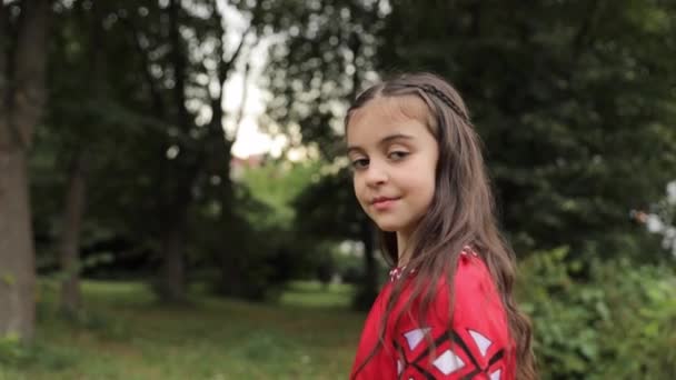 Ένα Χαρούμενο Κοριτσάκι Κόκκινο Φόρεμα Στέκεται Ένα Πάρκο Περιτριγυρισμένο Από — Αρχείο Βίντεο