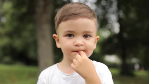 Dzieciak Bawiący Się Trawie Parku Patrząc Aparat Uśmiechem Twarzy Obgryzając — Wideo stockowe
