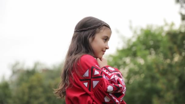 Ουκρανικό Έφηβο Κορίτσι Μακριά Μαλλιά Ένα Κόκκινο Φόρεμα Είναι Ευτυχώς — Αρχείο Βίντεο