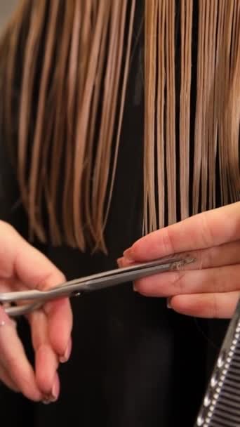 Kadın Saçını Makas Kullanarak Kestiriyor Kuaförün Yanında Saçını Kesmek Için — Stok video