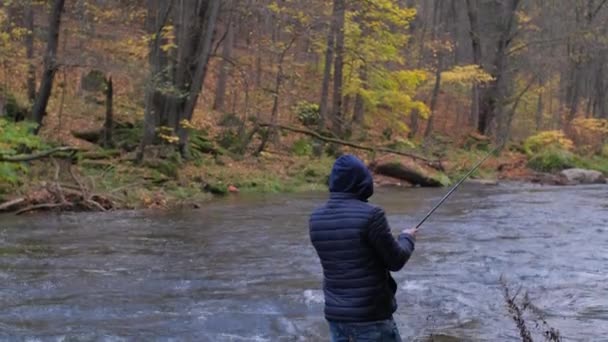 在一个阴郁的秋日 一位身穿黑色夹克的中年男子将一根钓竿扔进河里 雄鱼是一种业余爱好 在风景如画的森林中间的河里钓鱼 — 图库视频影像