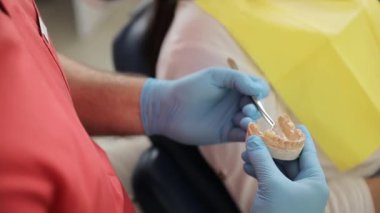 Bir dişçi, dişçi koltuğunda oturan bir kadına plastik bir çene gösterir. Dişleri olan bir çene modeli. Ağız boşluğunun planının görsel görüntüsü