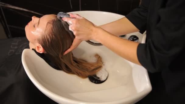 Prosedur Tata Rambut Salon Kecantikan Seorang Penata Rambut Mencuci Rambut — Stok Video