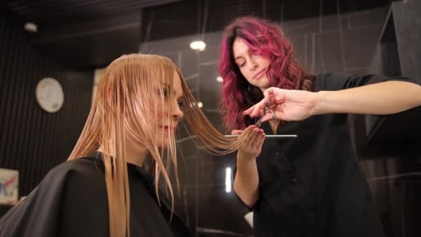 一头卷曲红头发的理发师女孩剪掉了一位金发客户的头发 在美容院里专业地理发 头发变短了 健康的头发 — 图库视频影像