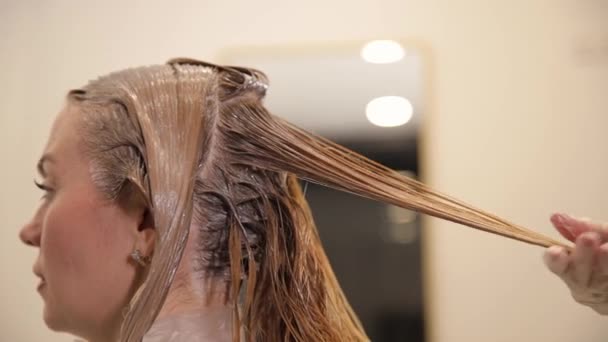 Парикмахер Находится Процессе Окрашивания Женских Волос Выбирая Нити Окрашивания Подтяжка — стоковое видео